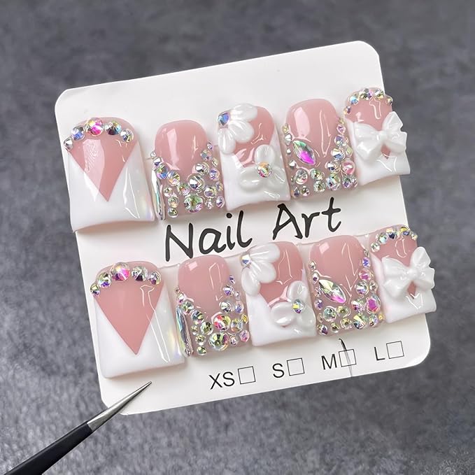 Handmade Press on Nails Rhinestone French Tip Fake Nails Muti-Layer Gel Short Duck False Nail with Luxury 3D White Flower Bow Design Full Cover Thicked Acrylic Nail Stick on Nail for Women (S)