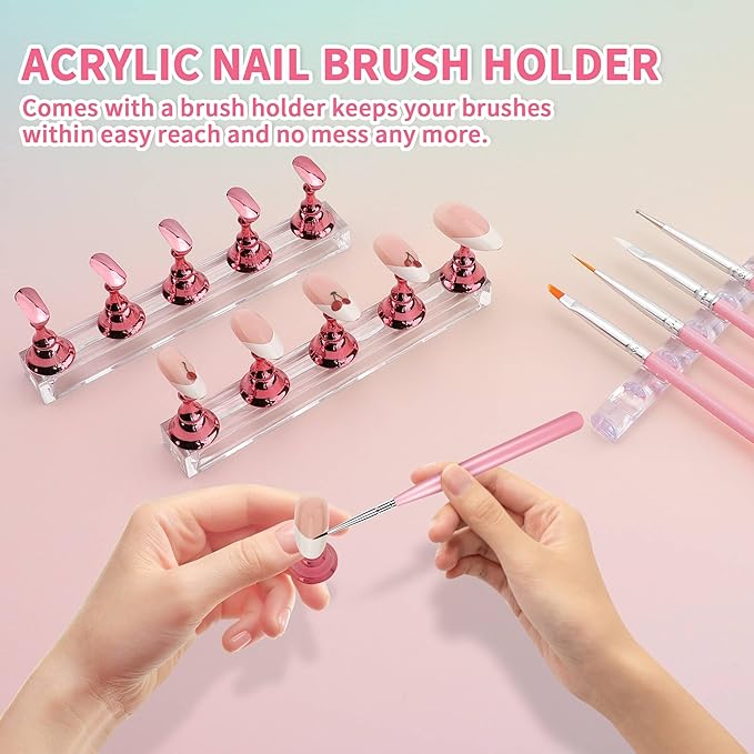 Nail Art Tools Set, 15 PCS Nail Art Brushes, Nail Stand for Press Ons, 5PCS Nail Dotting Tool and Brush Rack with Double Sided Tape Tweezers for Home Salon DIY Beginner Supplies