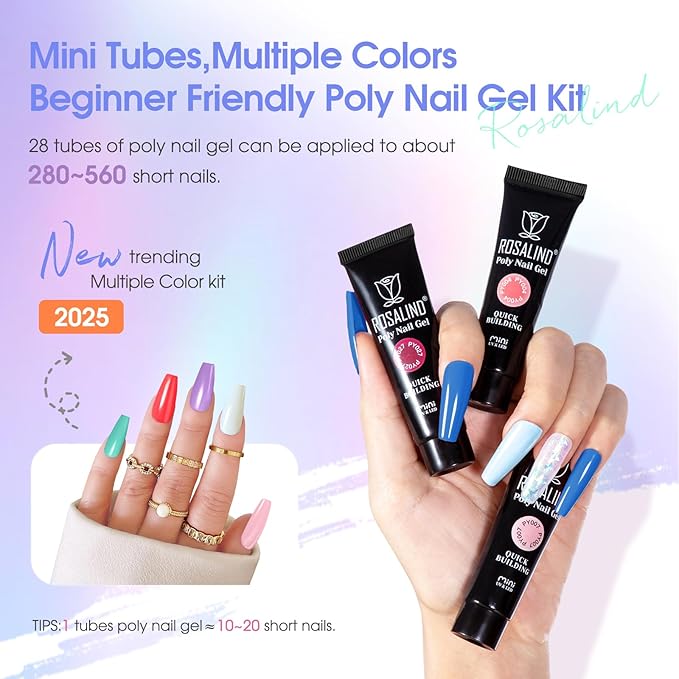 ROSALIND 28 Colors Poly Nail Gel Kit with Mini Lamp Clear Neon Christmas Poly Nail Gel Starter Kit for Beginners Halloween All Seasons Classic Colors with Everything