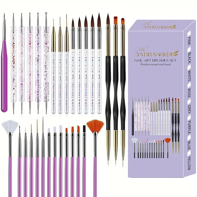 31 Pcs Nail Art Brush Set,Nail Art Brushes,Nail Art Tool Set,Nail Brush Set,Nail Brushes for Nail Art,Drawing Pen for Gel Polish Design Supply-Purple