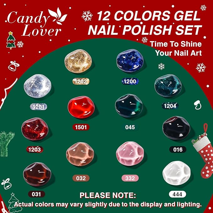 Candy Lover Christmas Gel Nail Polish Kit with U V light - 12 Xmas Colors Gel Polish with 72W Nail Lamp Base Top Coat Gel Nail Kit for Beginners with Everything Manicure Kit for Women Teen Girl Gifts