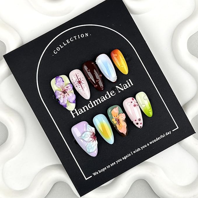 Handmade Press on Nails Medium Almond Thick Acrylic Nails with Glue,Tropical Flower Art Fake Nails with Water Droplet Pattern Designs Nature Stick on Nail False Nails for Wome (Size M)