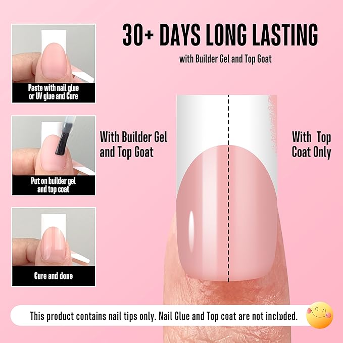 NOVO OVO Medium Sharp Square White French Tip Nail Tips Press on BABY PINK, Extra Thick NEED Builder Gel & Top Coat & Glue, Soft Gel Full Cover False Fake Nail Extension in Salon DIY x 15 Sizes 180 pc