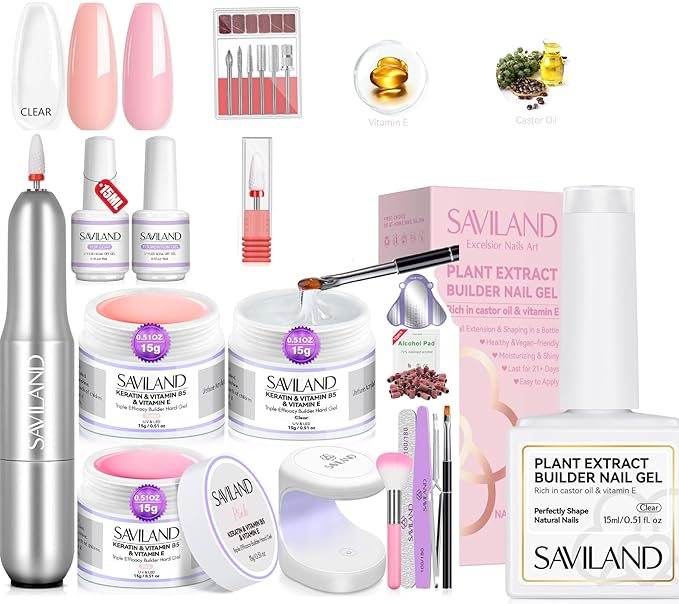 Saviland Builder Gel Set With Drill - 4 Pcs Hard Gel (VE&VB5&Kerain) Clear Pink Nudes, Lamp, Brush, Strengthener for Extension Shaping DIY at Home Salon