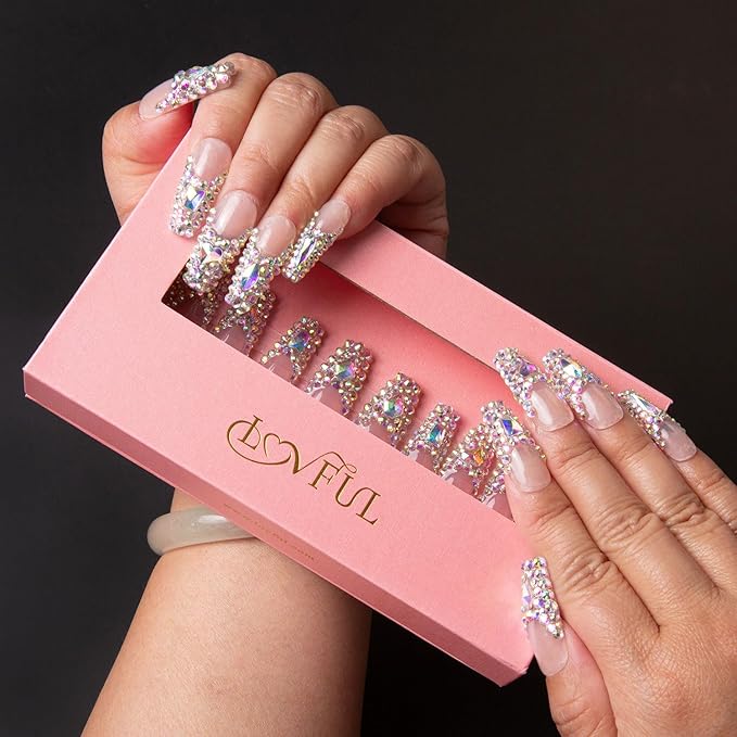 LOVFUL Press on Nails Angel's Tear Rhinestone | Handmade with Full Covered Crystals | Reusable Full Cover Nails | Coffin Classic Regular 1.3 in | H48-L
