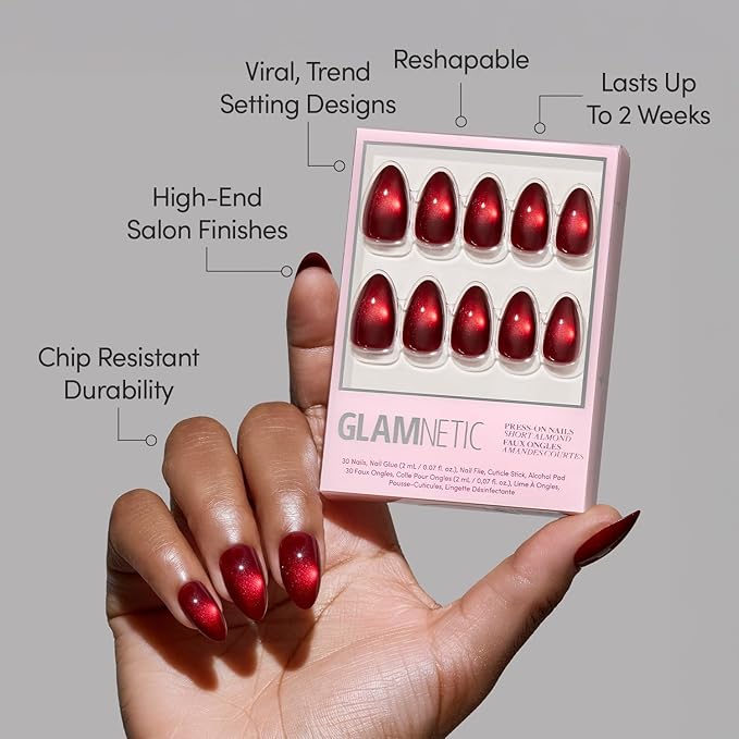 Valentines Day Glamnetic Press On Nails - Frosted Cranberry | Short Almond Fake Nails in Deep Red with Jelly Finish, Salon Quality Holiday Nails | 15 Sizes - 30 Nail Kit with Glue