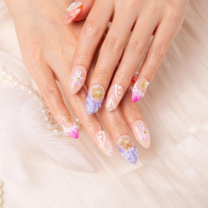 LOVFUL Press on Nails Coastal Sparkle | Handmade with Full Covered Crystals | Reusable Fake Nails | Almond Regular 1.0 in | H320-S