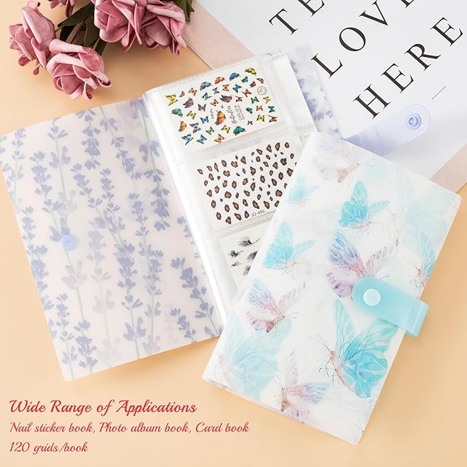 2PCS 240 Slots Flower Butterfly Nail Art Sticker Storage Books Purple Blue Wisteria Organizer Binders Transparent Collecting Album Photo DIY for Notebooks Diary Journal Planner