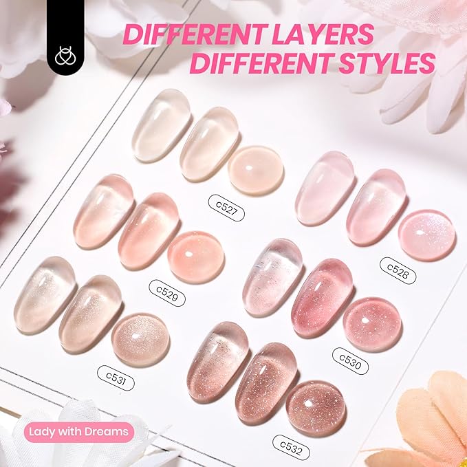 Beetles Jelly Gel Nail Polish Set - 6 Colors Shimmer Gel Polish Kit Glitter Nude Pink Brown Sheer Transparent Effect Soak Off UV Lady with Dreams Collection Gift for Women