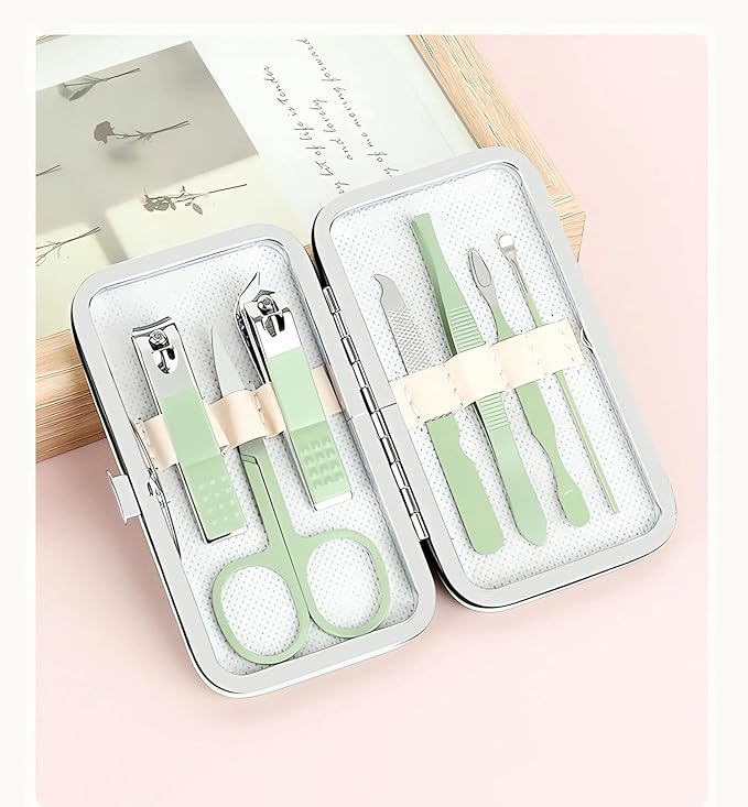 Manicure Set Nail Clipper Set, 7 Pcs Matcha Green Professional Manicure Pedicure Set, Nail Care Kit Beauty Tool, Purse Essentials Travel Nail Kit with Leather Case, Gift for Men and Women