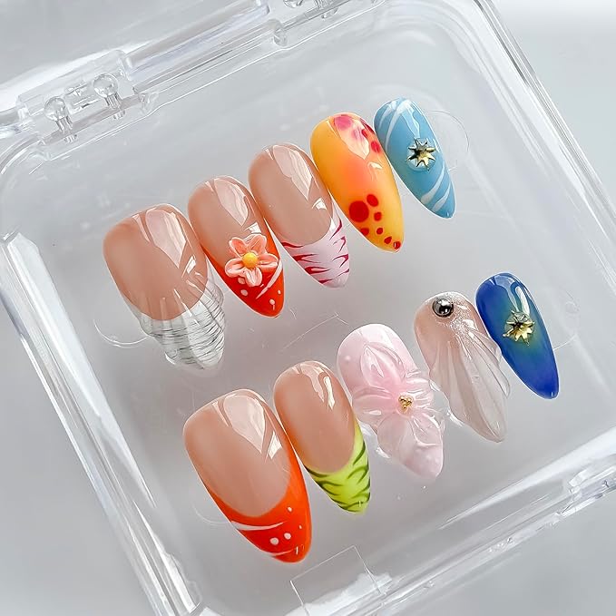 Luxury Press on Nails Medium Almond Handmade 3D Unique Reusable ABS Material Fake Nails French Tip False Nails with Designs Floral Shell Summer Glossy Glue on Nail Thick Acrylic Nail(M)