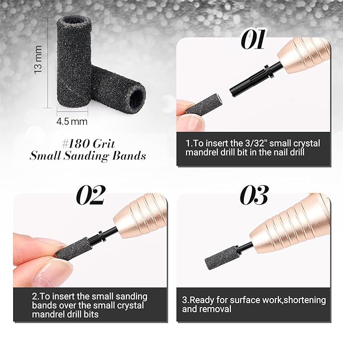 MelodySusie 50 Pcs Nail Drill Bits Small Sanding Bands with 3.1mm Mandrel Bit, 180 Fine Grit Nail File for Acrylic Nails Gel Manicures and Pedicure, Black