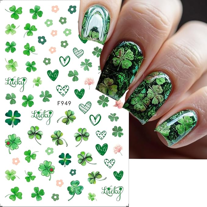 Green Shamrock Nail Art Stickers Decals 3D Self Adhesive St. Patrick's Day Nail Stickers Lucky Clover Design Spring Nail Decals Cute Heart Nail Supplies Shamrock Decoration for Women Manicure 8Pcs