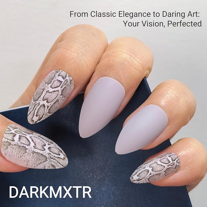 Matte Gray Snake Print Press on Nails, 24Pcs Stiletto Fake Nails with Adhesive Tabs, Animal Pattern False Nails for Women, Reusable Long Fake Nails for DIY Manicure