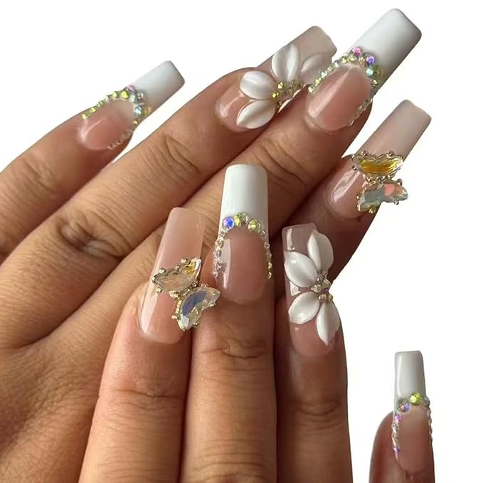 Luxury Handmade Press on Nails - Long Square White French Tips Press on Nail with Almond 3D Rhinestones, Flowers & Butterflies, Acrylic Multi-Layer Gel False Nails for Women (10Pcs)