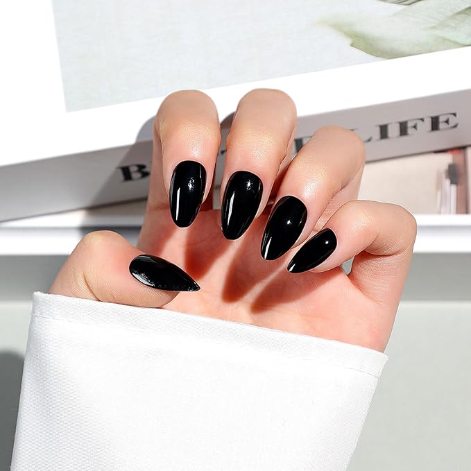 Luxbon Press On Nails with No-Cure Nail Glue and Tool Kit – Almond Acrylic Stick On Nails Soft Gel Tips 30-32pcs Full Size Set, Reusable Fake Nails for Women, Black