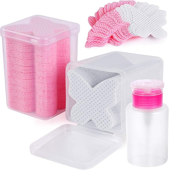 400PCS Lint Free Nail Wipes, Pink Lash Extensions Glue Cleaning Wipes, Nails Cleaning Pads Supplies,accompanied by 1 Empty Pump-Style Bottle Dispenser (Pink and White)
