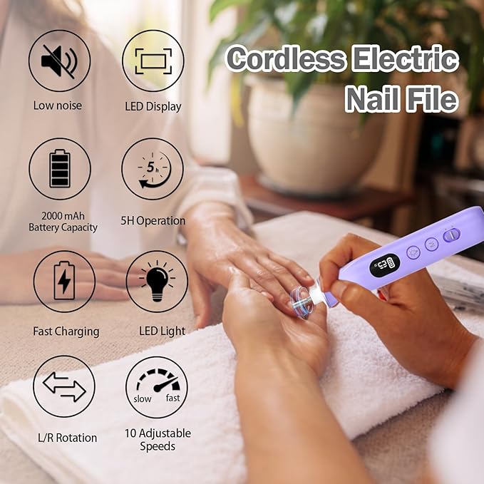Electric Nail File, 10 Speeds Cordless Nail Drill with LED Light, Portable Manicure Pedicure Kit for Acrylic Gel Nails Thick Toenails Nail Grind, Hand Natural Nails Care - 10 Bits & 120 Sanding Bands