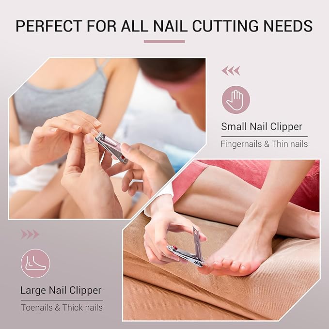 MelodySusie Nail Clippers Set, Ultra Sharp Toenail Clippers with Glass Nail File, 3 in 1 Stainless Steel Nail Clippers for Men Women, Fingernail Clipper Nail Cutter Manicure Set, Pink