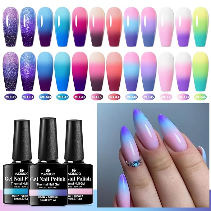 12 Colors Color Changing Gel Nail Polish Set Glitter Blue Purple Temperature Mood Changed Gel Polish Kit Pink Lemon Green Manicure Gifts for Women Girls