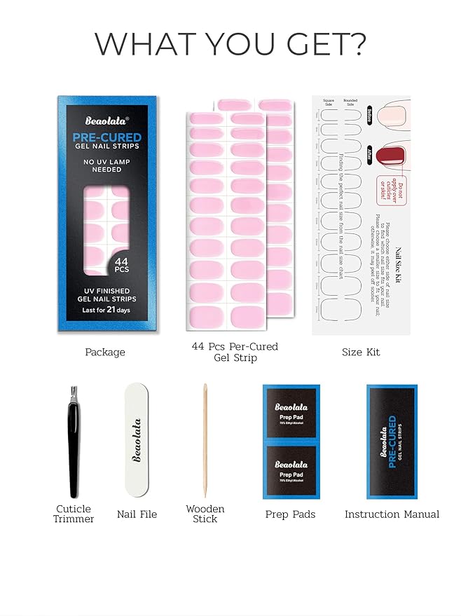 Pre Cured Gel Nail Strips - 44PCS Salon Quality Gel Nail Stickers - Long Lasting Polish Wraps for Women no UV Light Needed Easy Apply & Remove (Pure Pink)
