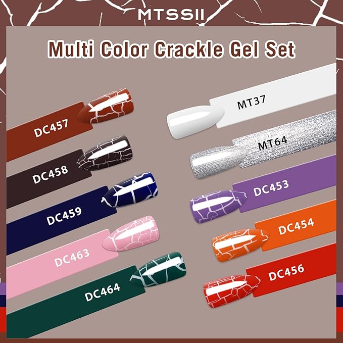 MTSSII 12pc Crackle Gel Nail Polish Set - 8 Colors, Amazing Crackle Effect, Long-lasting, UV LED Lamp Needed