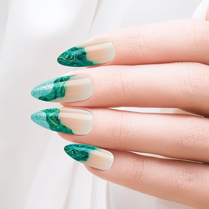 Goldfinger Trendy False Nails Kit, Long Almond Design Nail, Nature Inspired Refreshing Elegant Marble Green Print, Ready to Wear Gel & Manicure Stick Included, Long-Lasting Convenient & Easy to Apply