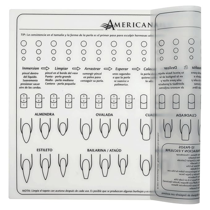 Americanails Acrylic Nail Training Mat, Spanish, Plantilla en Silicona Para Principiantes, Aprender Aplicar Uñas Acrílicas, Ayudará Aprender Los Conceptos Básicos De La Aplicación Acrílica
