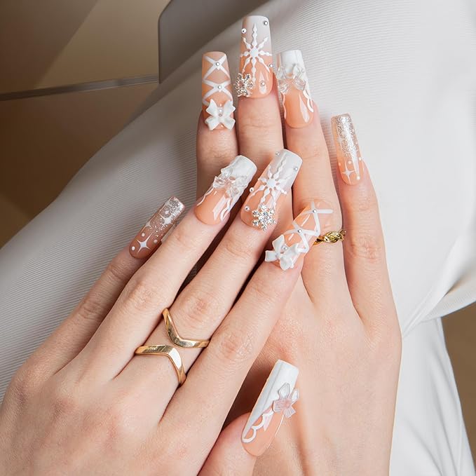 LOVFUL Short French Tip Press on Nails Frost Gift | Handmade Acrylic Press ons| Reusable Fake False Nails | Square Classic Regular 1.3in | H693-M