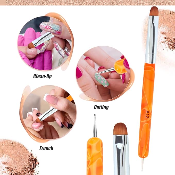 French Manicure Brush -Two Way Nail Art Brush with Dotting Manicure Tool for Manicure Cuticle Clean Up Nail Art Design- Professional Nail Salon Quality Brush, Nail Dotting Pen (12#, Orange)
