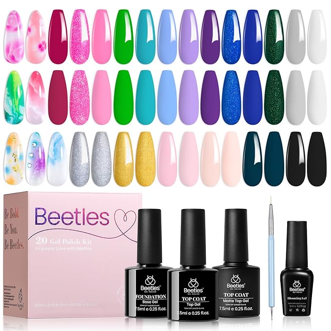 Beetles Gel Nail Polish with Blooming Gel -19 Colors Pink Green Blue Purple Neon Gel Nail Polish 3Pcs Base&Glossy Matte Top Coat,Clear Blooming Polish for Spreading Effect Soak off UV Nail Art Design