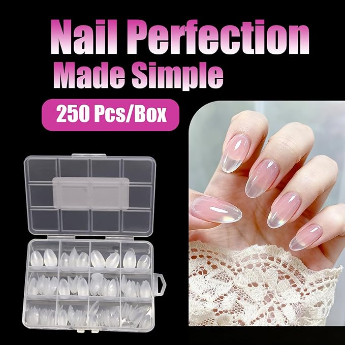 250PCS Clear Acrylic Nail Tips, 1 Shapes 10 Sizes - Half Matte Full Cover Fake Nails for DIY Manicure, Salon Professionals & Beginners - Short Almond Pre-Shaped Extensions
