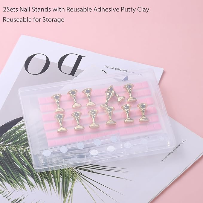 Etercycle Nail Stand Press On Nail Stand Nail Holder for Painting Nails Magnetic Nail Tips Practice Stands with 80Pcs Reusable Putty (Gold)