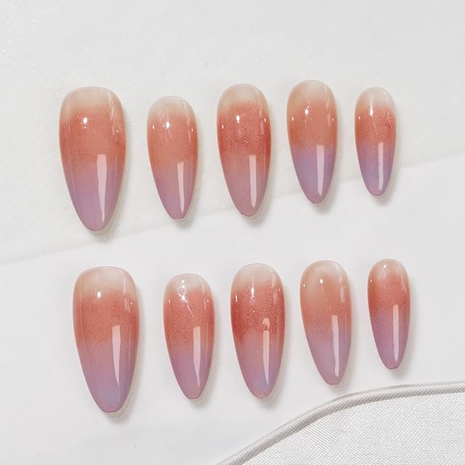 Sun&Beam Nails Handmade Press-on Medium Long Almond Pink Purple Magnet Minimalist Sweet Design Fashion False Nail Tips 10 Pcs Set (#262 XS)