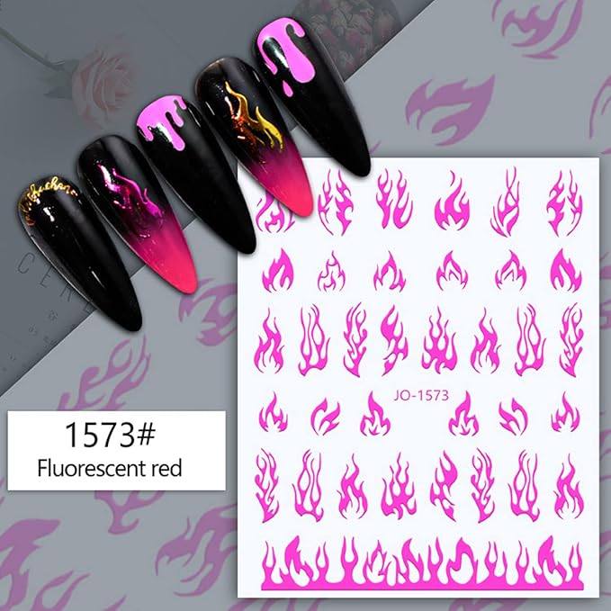 12 Colors Flame Nail Art Stickers, 3D Fire Self-Adhesive Sticker Design, Laser Gold Silver Red Black White Pink Yellow Green Flame Nail Transfer Decals Supplies for Women Manicure Decorations