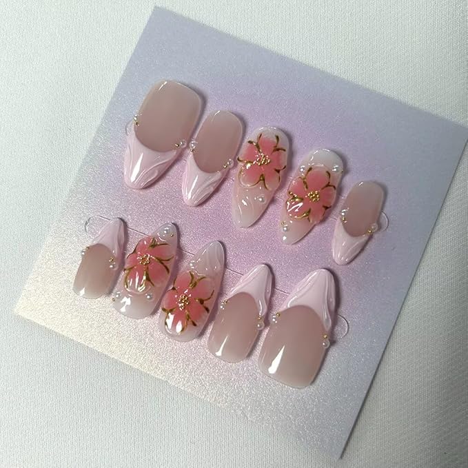 M size Handmade 3D Medium Almond Press On Nails,French Pink Gel Fake Nails, Long Lasting Reusable False Nails for Women, Easy Application Salon Manicure Designs (10 Pieces)- M size