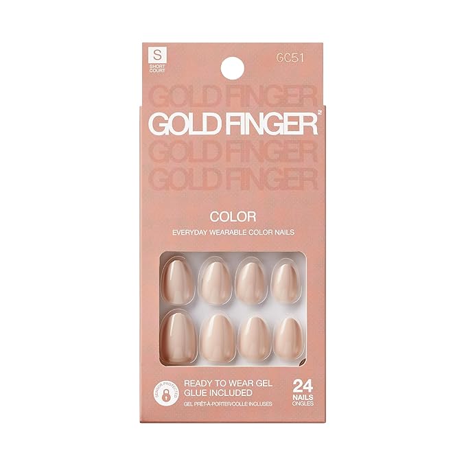 GoldFinger False Nails Kit, Ready to Wear Natural Beige Fake Nails, Manicure Stick and Glue Included, Short Almond Shape, Long-Lasting Hottest Trend Glue on Nails, Convenient & Easy to Apply