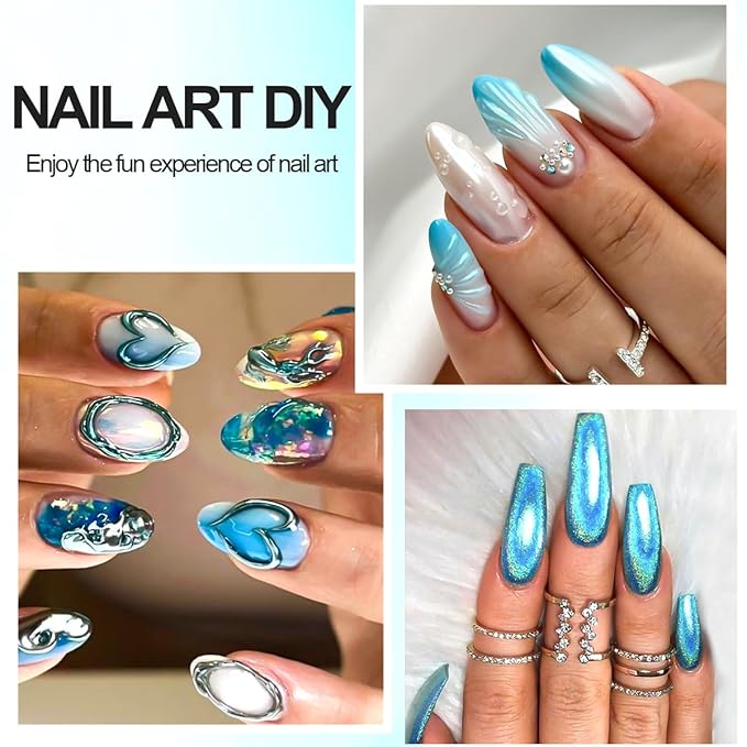 3D Gel Nail Art & Chrome Nail Powder Kit, Metallic Mirror Effect Holographic Aurora Iridescent Chrome Pigment Glitter Dust and 10g Clear 3D Sculpting Gel for DIY Nail Art (Lake Blue)