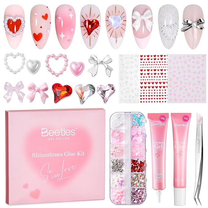 Beetles Rhinestones Glue Kit - 3D Gel Nail Art & Sculpting Gel Glue and with Heart Charm Diamond Jewelry, Spring Nail Decorations for DIY Gel Nail Polish