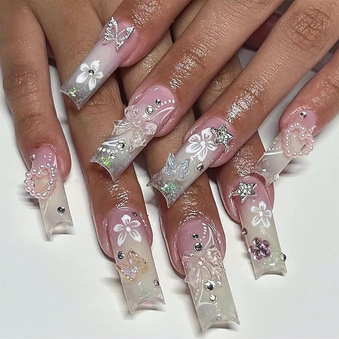 RTKHFZE Nails Press Ons French Press on Nails Long Square Fake Nails with Charms 3D Butterfly and Rhinestones Designs Acrylic Nail French Pink White Gradient Full Cover False Nails for Women 24Pcs