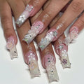 RTKHFZE Nails Press Ons French Press on Nails Long Square Fake Nails with Charms 3D Butterfly and Rhinestones Designs Acrylic Nail French Pink White Gradient Full Cover False Nails for Women 24Pcs