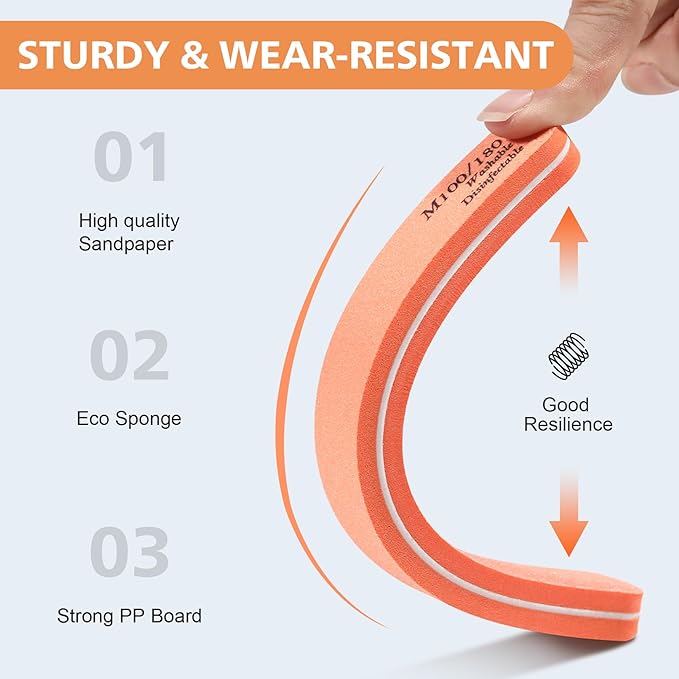 BALUCA 10-Pack Professional Nail Files & Buffers for Acrylic & Natural Nails | Double-Sided 100/180 Grit Emery Boards | Reusable Salon-Grade Nail Filer & Shine Kit for Women & Pets (Orange)