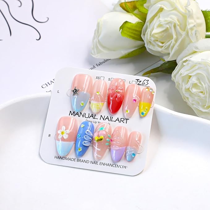 Handmade Flower Press on Nails Blue French Tip Fake Nails with Stars Designs 3D White Flower & Water Ripple False Nail Full Cover Medium Almond Artificial Acrylic Nails for Women（Size S)