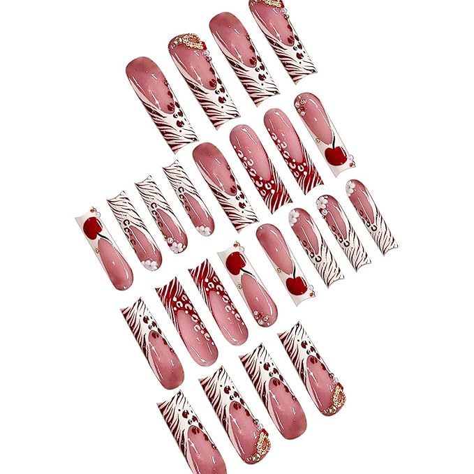 Long Square Press on Nails Xl Fake Nails Red White French Tip Glue on Nail with Cherry and Gold Heart Charm Y2k False Nails Glossy Full Cover Acrylic Nails for Women 24Pcs