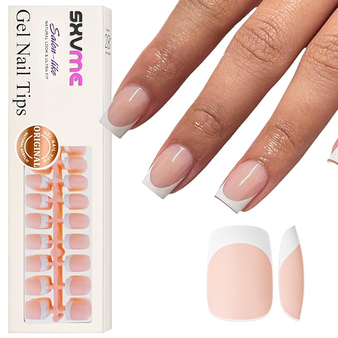 Gel French Tip Nails Short Square French Tip Press on Nails SXVME White French Nail Tips 300Pcs Pre-applied Tip Primer Natural Nude Pink Fake Nails Extensions Gel Nail Kit for Women Girls DIY