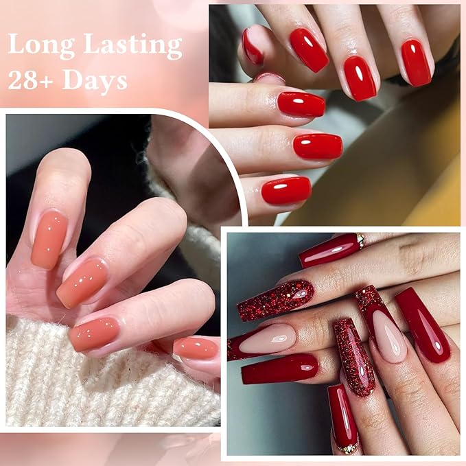 MEET ACROSS 30 PCS Red Gel Nail Polish Set, Burgundy Gel Kit Glitter Nail Polish Soak Off Rose Dark Red Shimmer DIY Home Salon Manicure Gifts for Women Girls