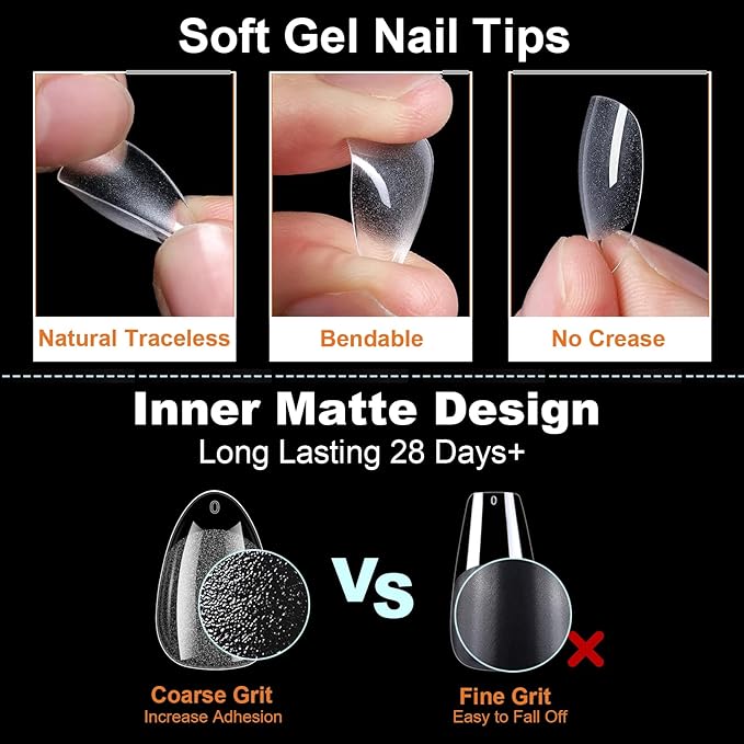 BlueZOO Extra Short Almond Nail Tips 600Pcs Soft Gel Full Cover Nail Tips, Half Matte Acrylic Fake Nails for Extension Nail Manicure Salon Home DIY, Clear Almond Pre Shaped Press On Nails, 12 Sizes