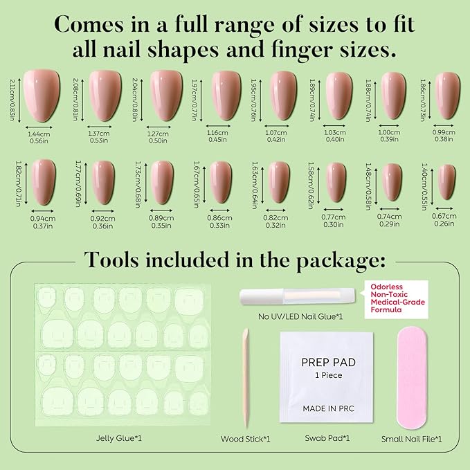 Luxbon Short Press On False Nails with No-Cure Nail Glue and Tool Kit – Almond Acrylic Stick On Nails Soft Gel Tips 25-30pcs Full Size Set, Reusable Fake Nails for Women, Fit Perfectly, Nude