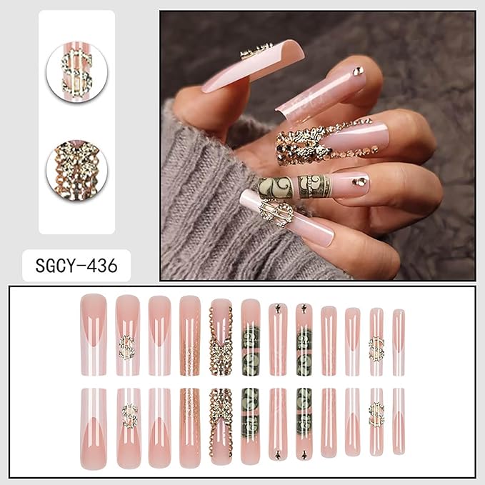 Extra Long Press on Nails Square Fake Nails French Tip False Nails with Gold Charms Designs Long Nails Press ons Sparkly Artificial Glossy Glue on Nail Cute Stick on Nail for Women 24Pcs