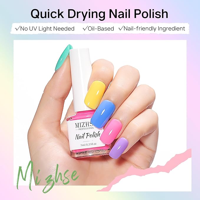 MIZHSE Quick Dry Nail Polish Set, 24 Colors Spring Summer Regular Nail Polish Non Gel, Air Drying Fast Neon Trendy Glitter Bulk Nail Lacquer Oil-based Long Lasting Home DIY Gift for Women